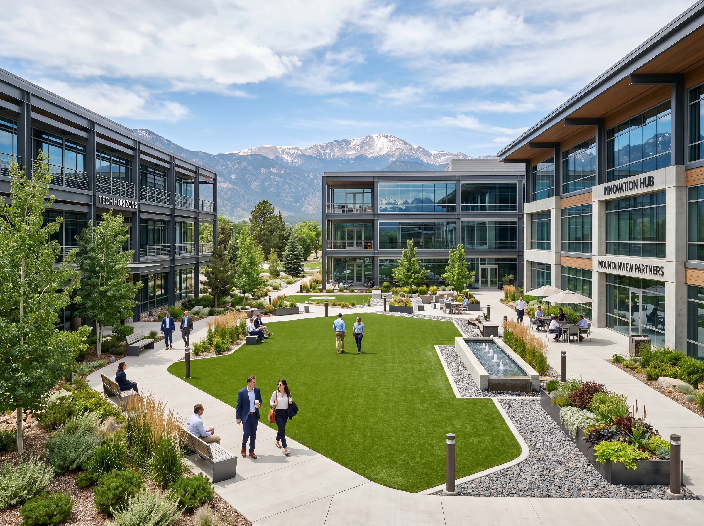 Commercial office courtyard with artificial turf and Rocky Mountain backdrop