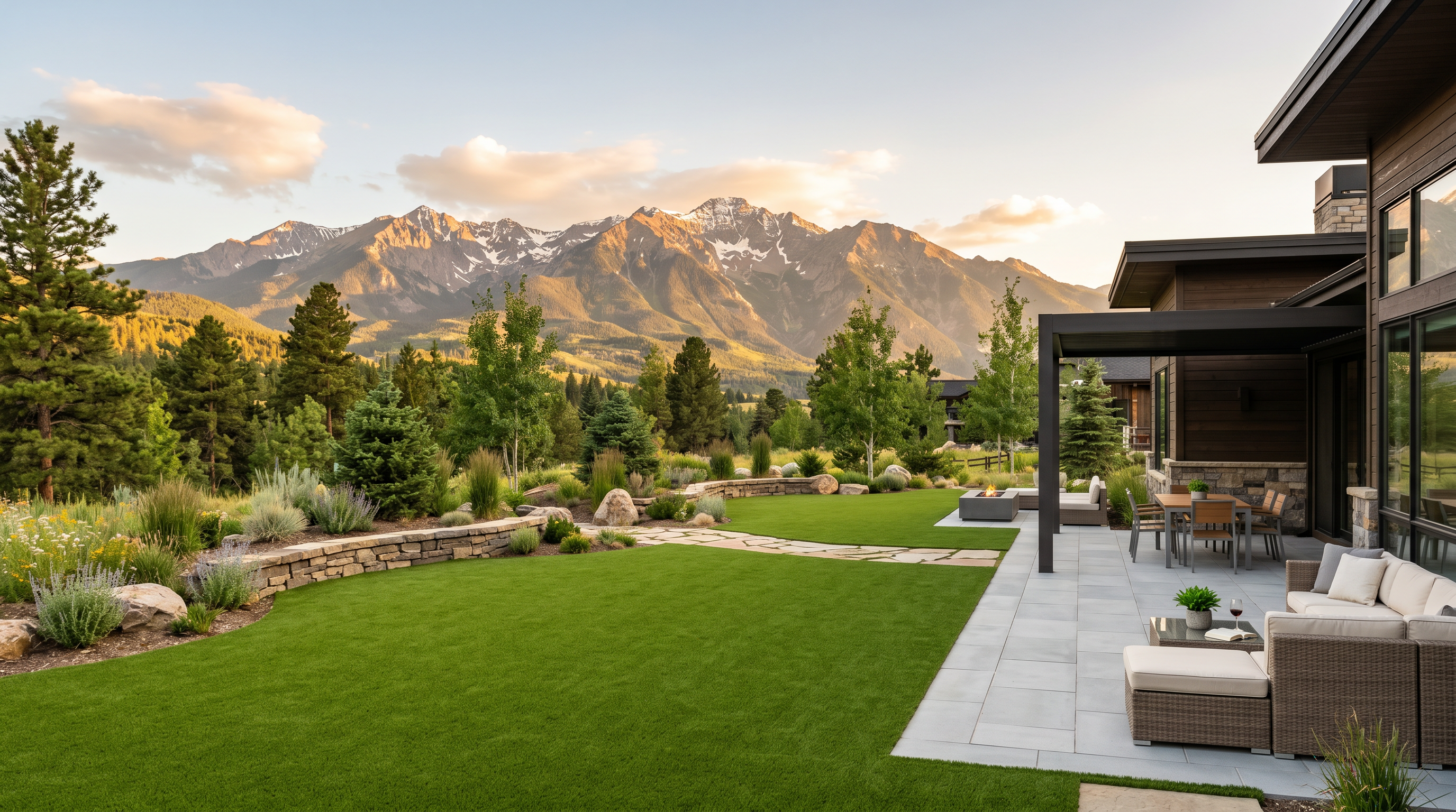 Luxury backyard artificial turf installation with Rocky Mountain views, patio and outdoor seating