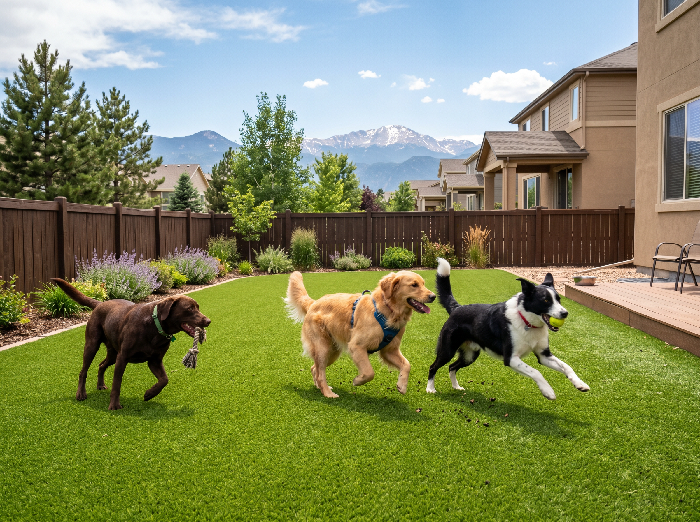 Three dogs playing on pet-friendly artificial turf in suburban Colorado backyard