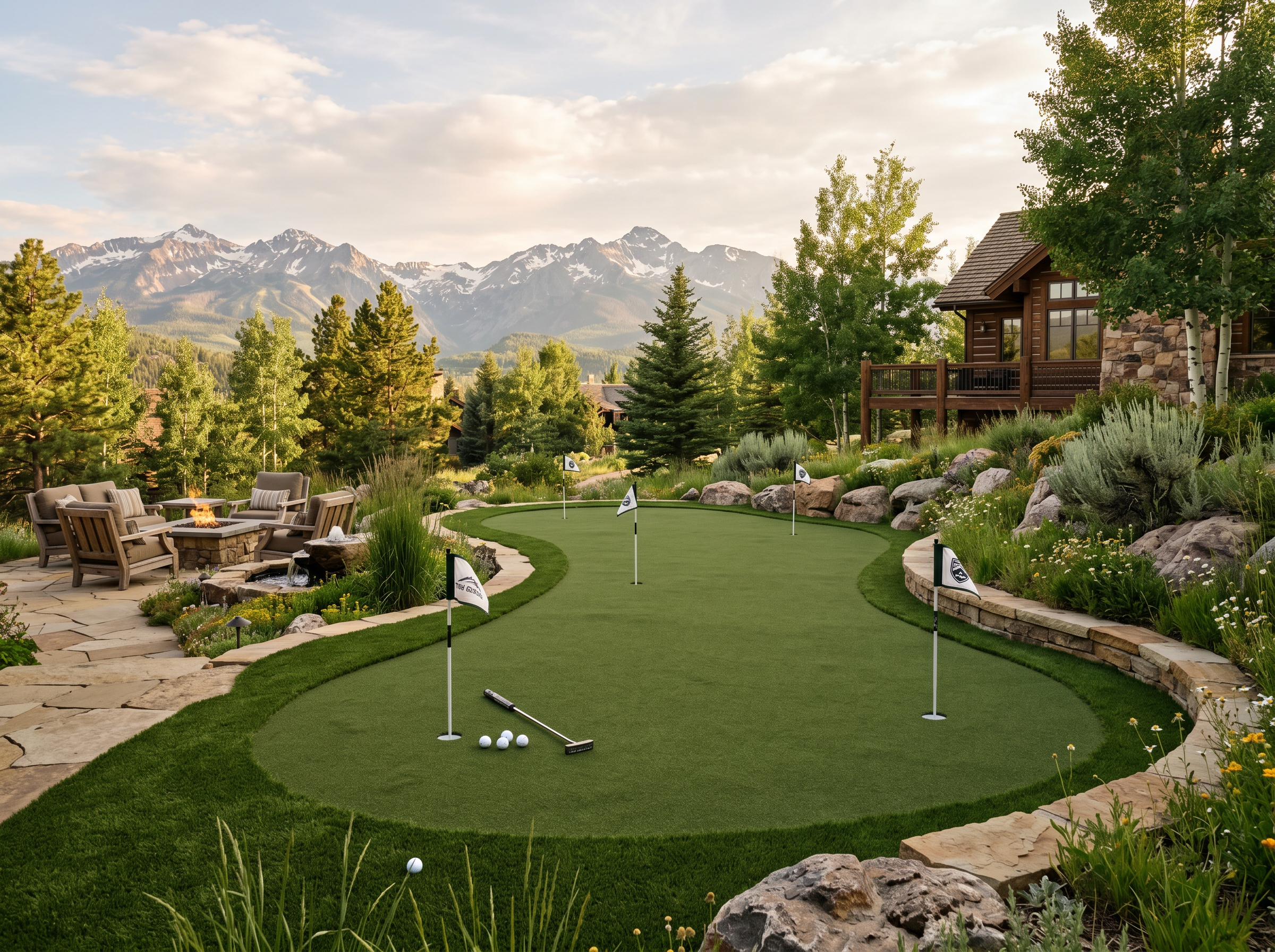 Custom backyard putting green with multiple holes, surrounded by Colorado landscape