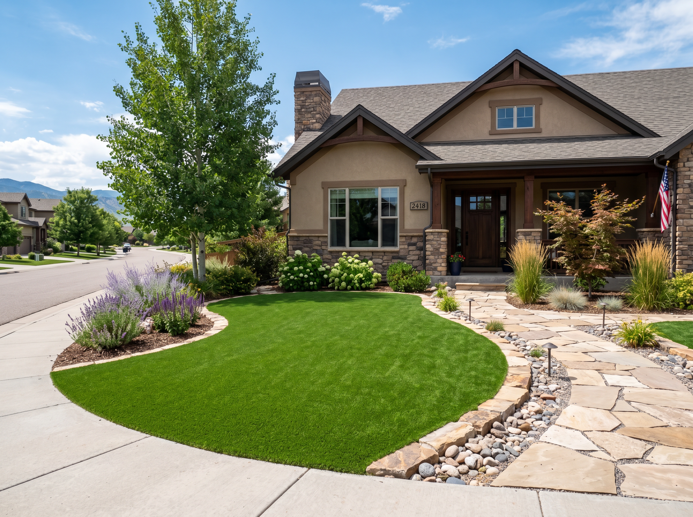 Beautiful residential front yard with artificial turf in Colorado